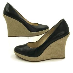 Nine West Platform Wedge Heel BLK & Straw Slip On